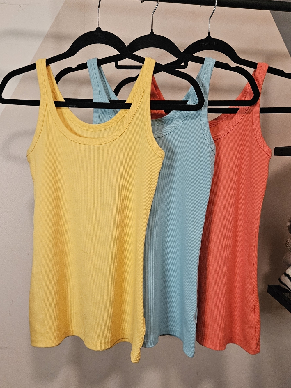 Falls Creek Scoop Neck Tank Trio - Yellow, Light Blue, Coral, Size Medium